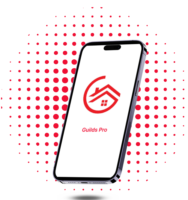 Image of a phone with a screenshot from the guildsPro app in front of a graphic in red